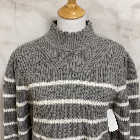 Femme By Design Scallop Mock Neck Striped Grey and White Sweater - Picture 4 of 11
